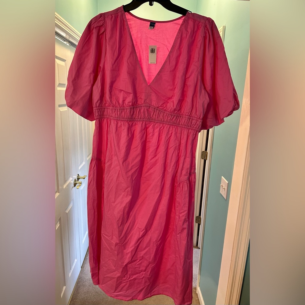 Old Navy Maternity Waist-Defined Midi Dress Pink Puff Sleeve Large NWT
